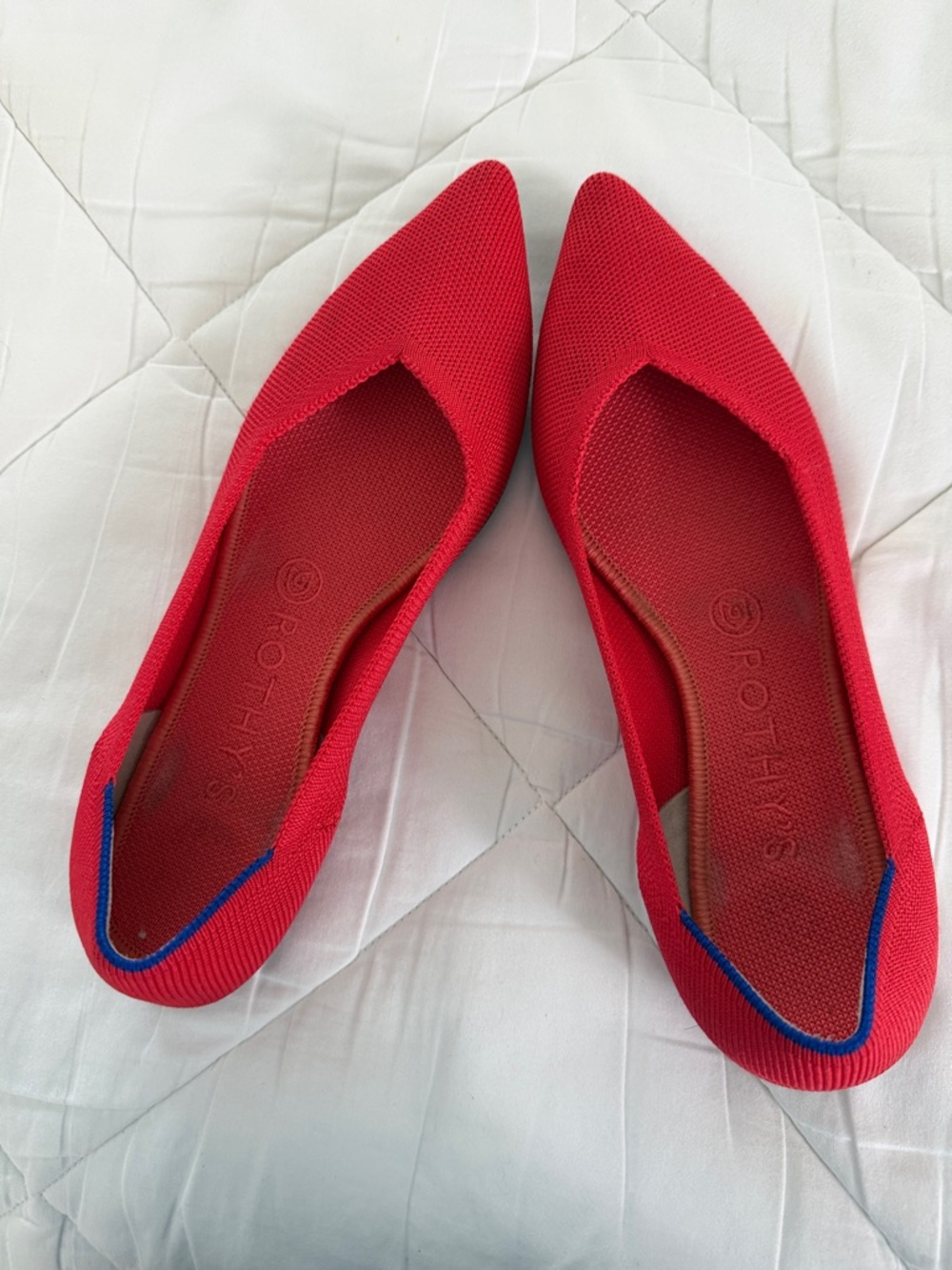 Rothy's Red Pointed Knit Slip-On Flats with Blue Trim